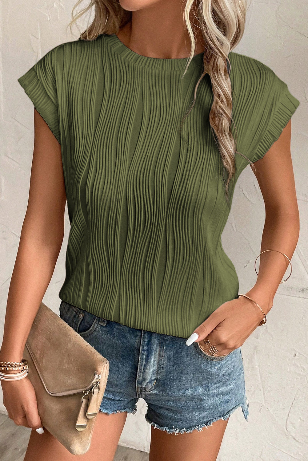 Black Wavy Texture Cap Sleeve Top - PrizQ