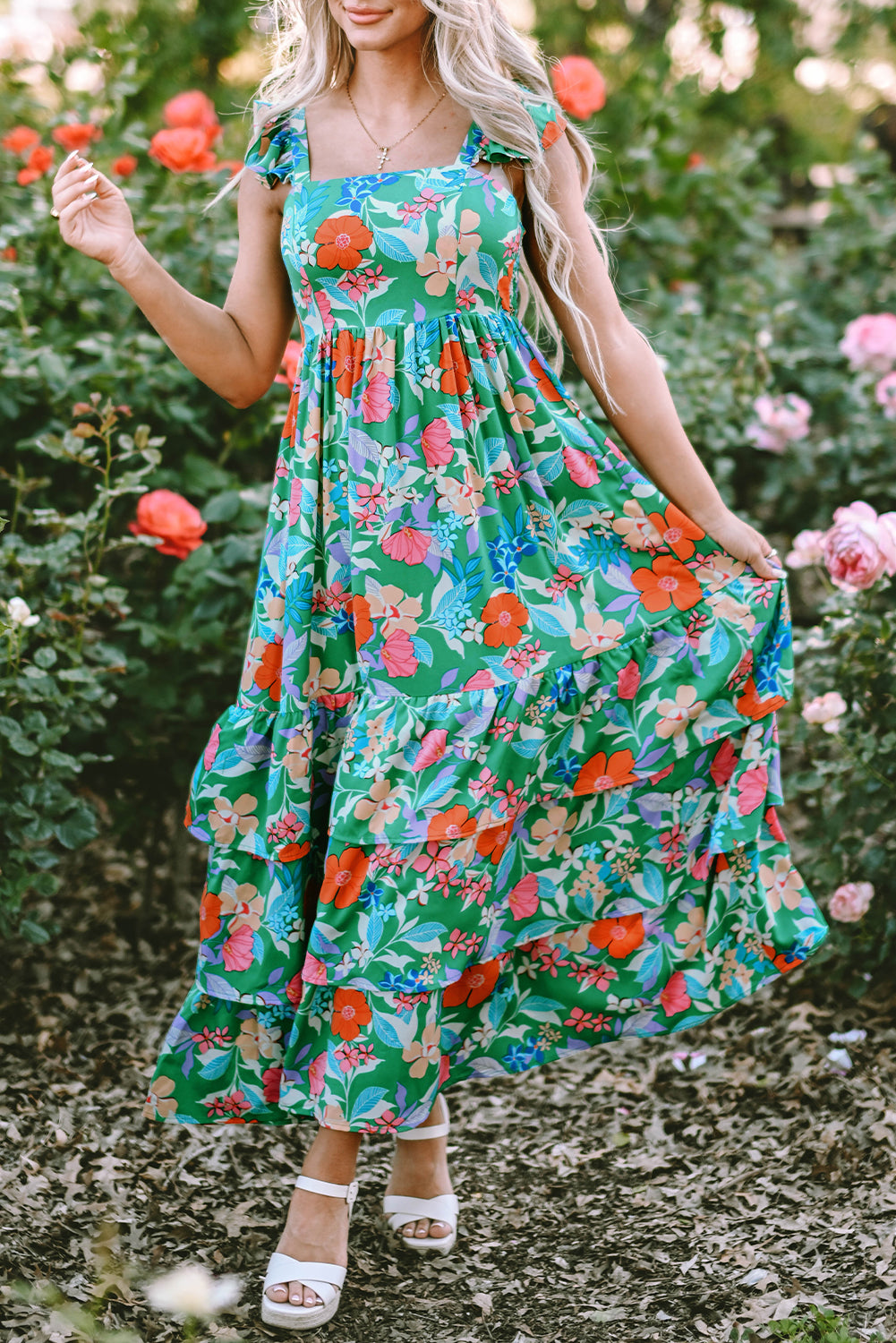 Roze mouwloze maxi-jurk met bloemenprint en ruches - PrizQ