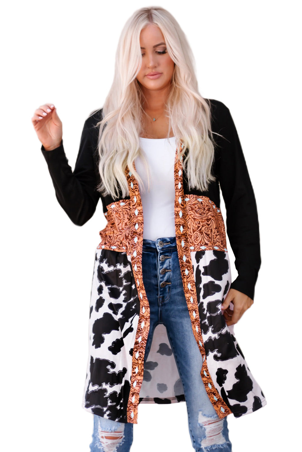 westers koeienprint patchwork vest - PrizQ