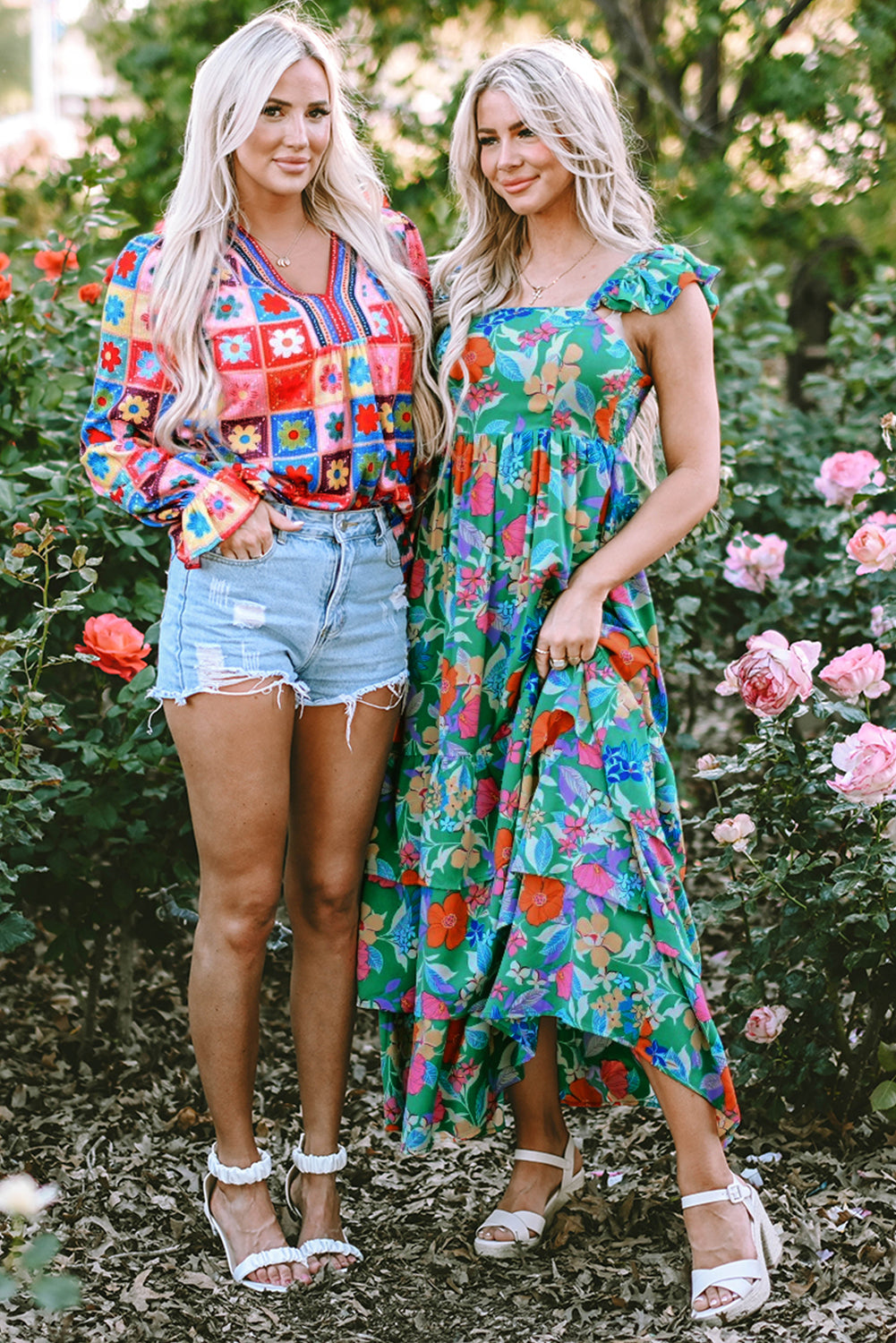 Roze mouwloze maxi-jurk met bloemenprint en ruches - PrizQ
