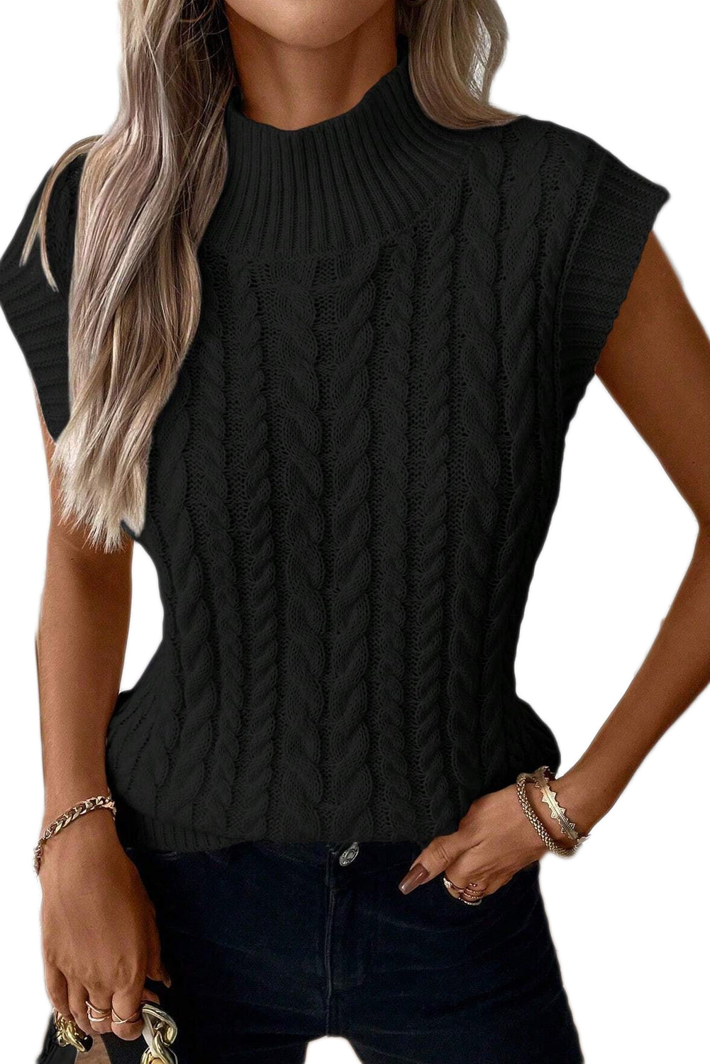 Oatmeal Cable Knit High Neck Sweater Vest - PrizQ