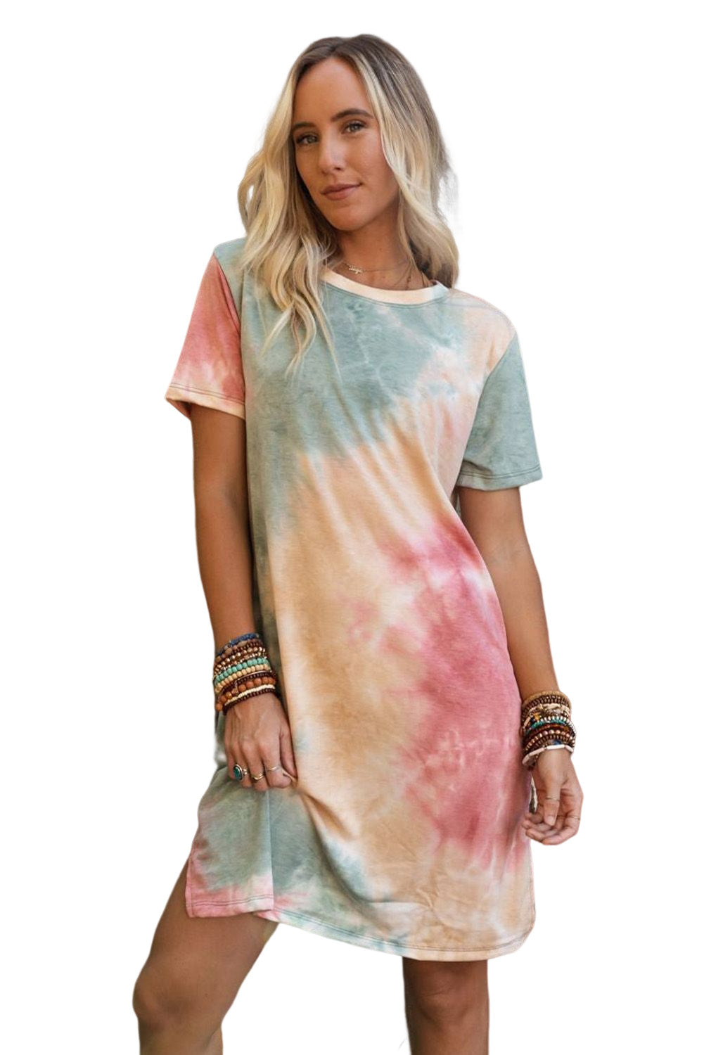 Multicolor Tie Dye Oversized Slit Tee Dress - PrizQ
