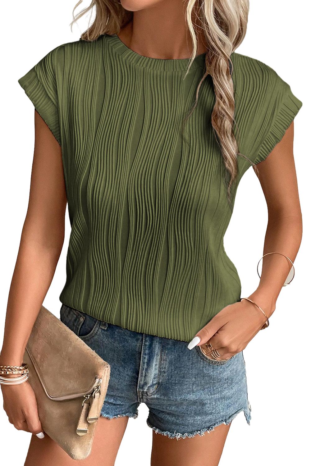 Black Wavy Texture Cap Sleeve Top - PrizQ