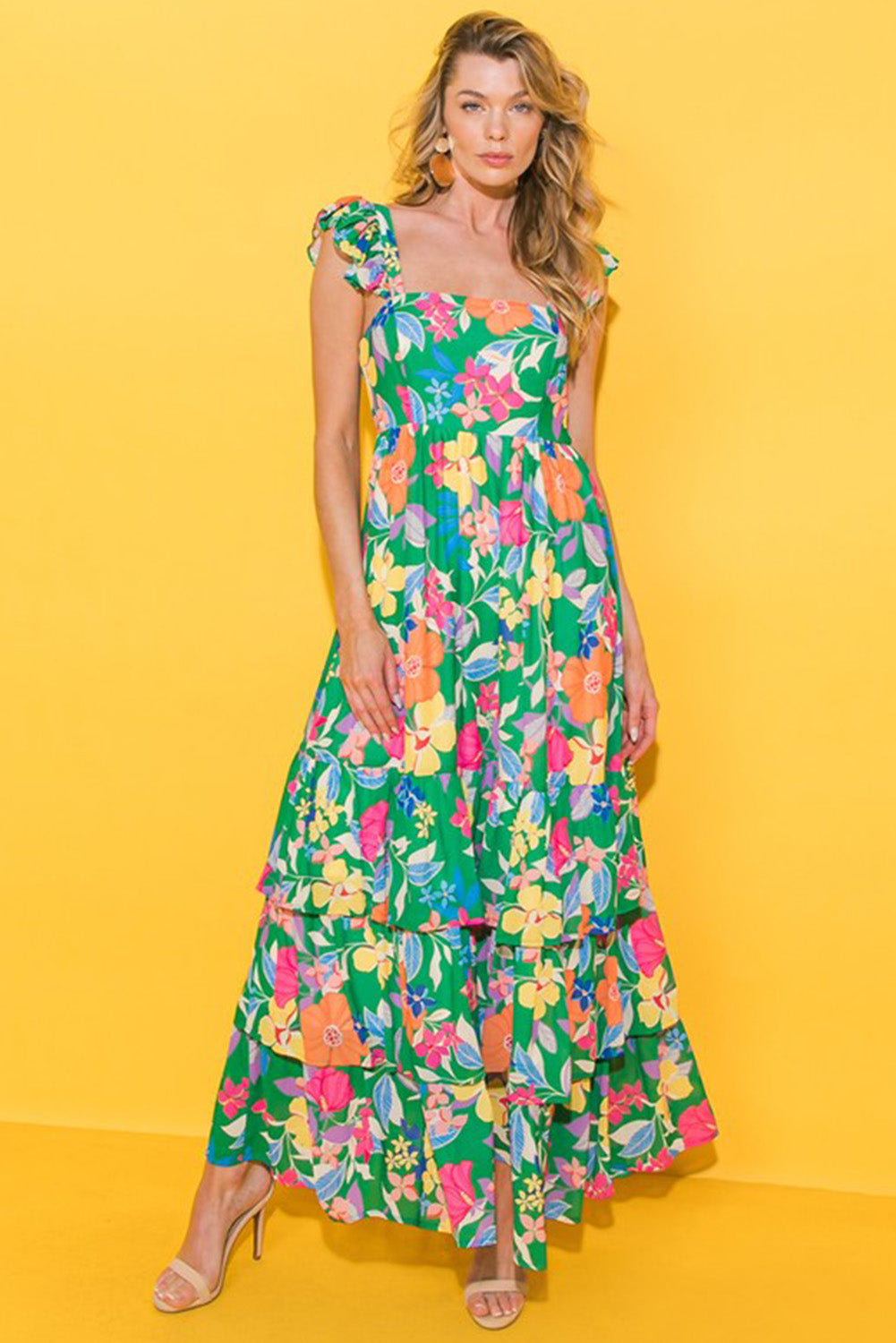 Roze mouwloze maxi-jurk met bloemenprint en ruches - PrizQ