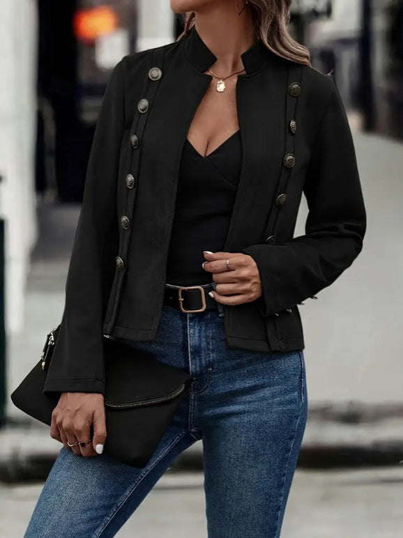 Suède Jack met Tweedubbele Knopen en Decoratieve Details – Modieuze Retro Bovenkleding met Lange Mouwen voor Dames - PrizQ
