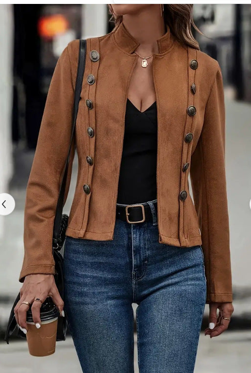 Suède Jack met Tweedubbele Knopen en Decoratieve Details – Modieuze Retro Bovenkleding met Lange Mouwen voor Dames - PrizQ