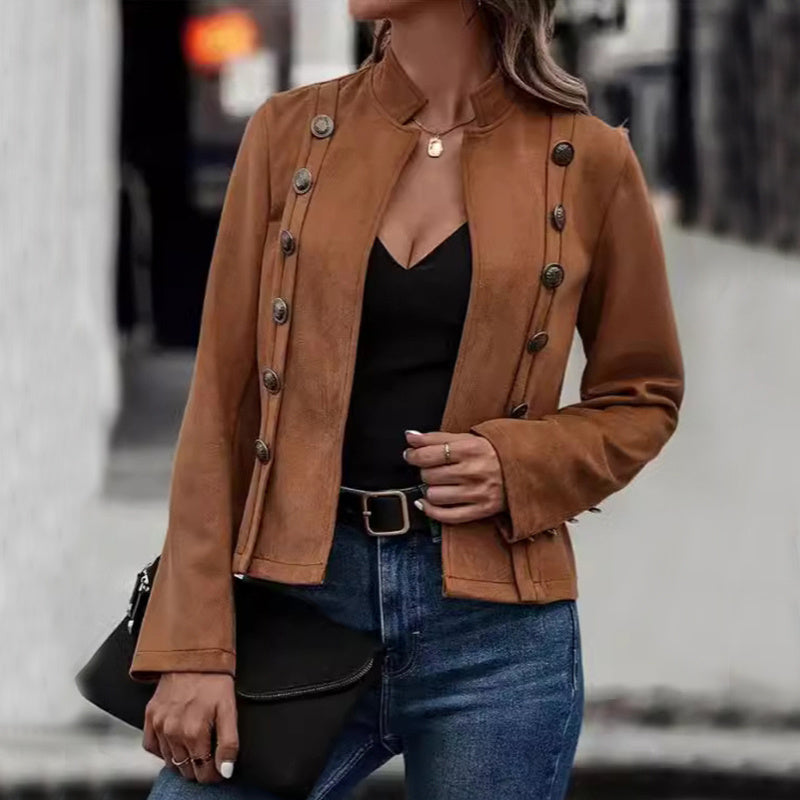 Suède Jack met Tweedubbele Knopen en Decoratieve Details – Modieuze Retro Bovenkleding met Lange Mouwen voor Dames - PrizQ