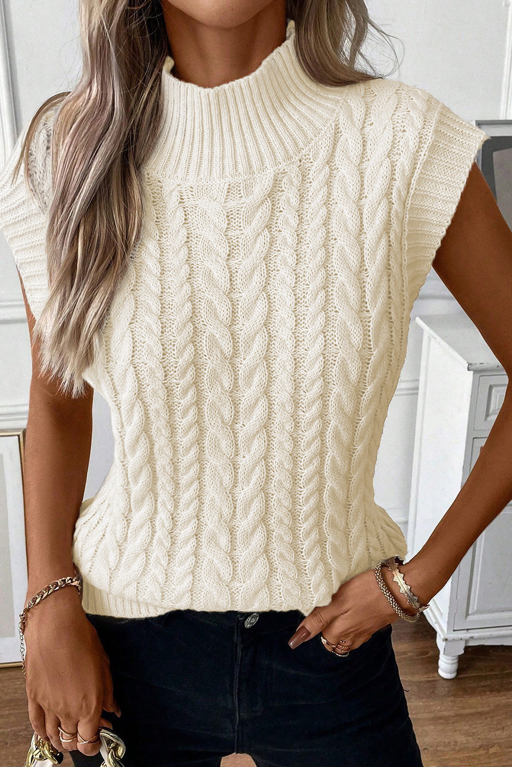 Oatmeal Cable Knit High Neck Sweater Vest - PrizQ