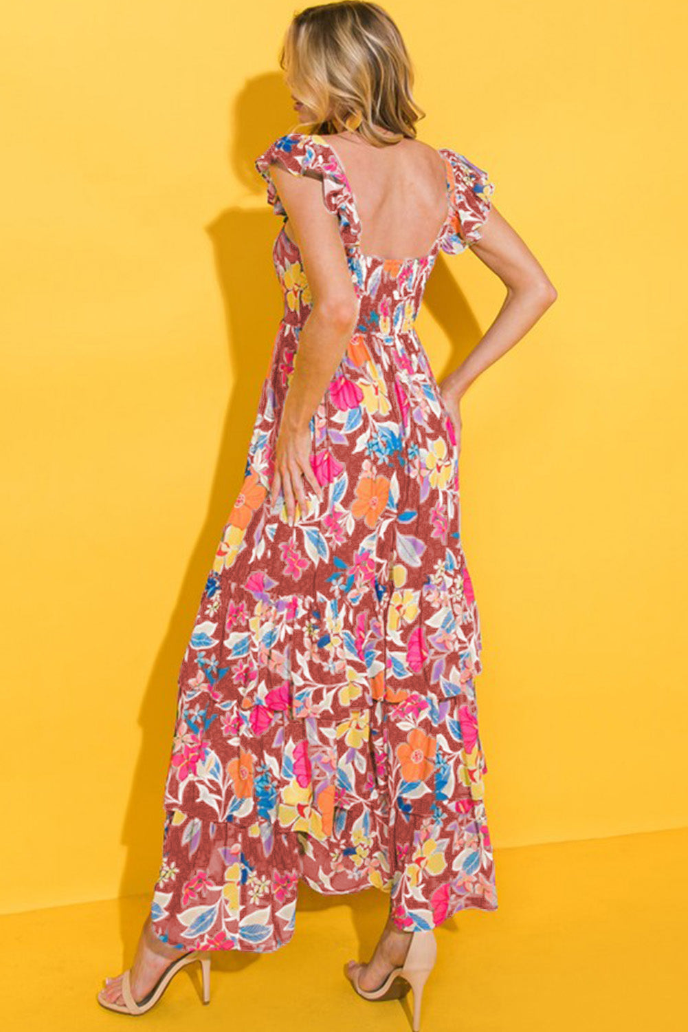 Roze mouwloze maxi-jurk met bloemenprint en ruches - PrizQ