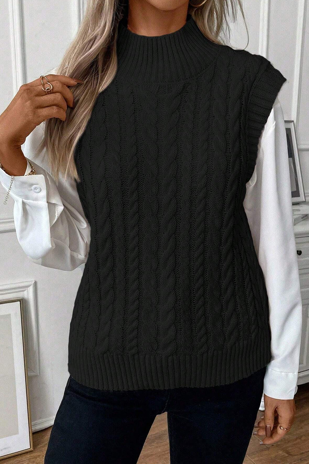 Oatmeal Cable Knit High Neck Sweater Vest - PrizQ