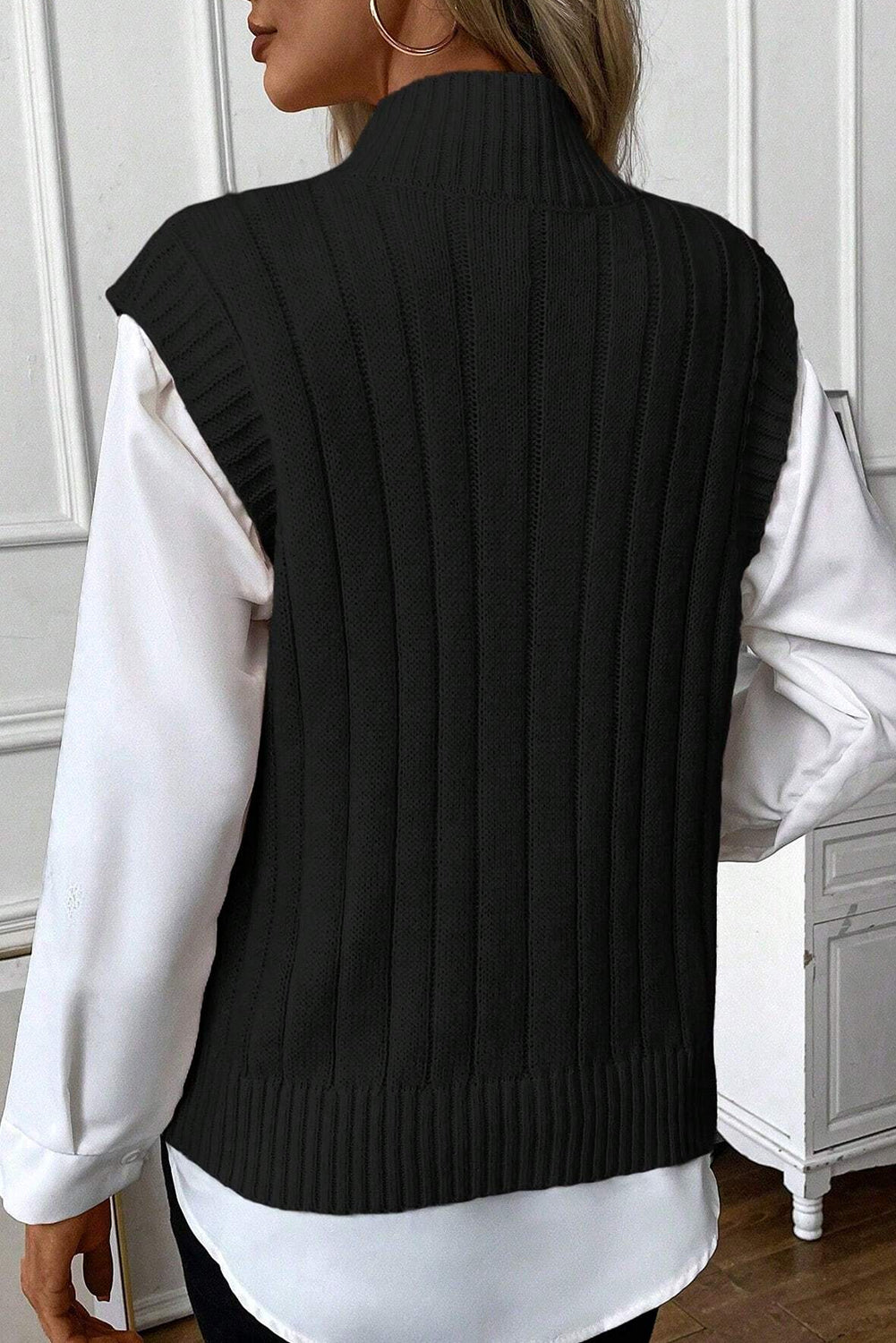 Oatmeal Cable Knit High Neck Sweater Vest - PrizQ