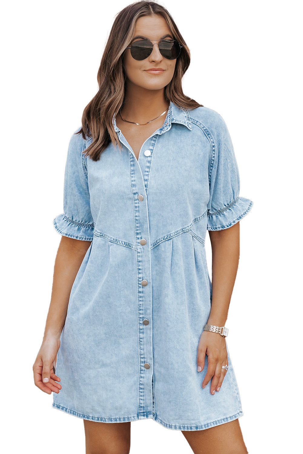 Beau Blue Mineral Wash Ruffled Short Sleeve Buttoned Denim Dress - PrizQ