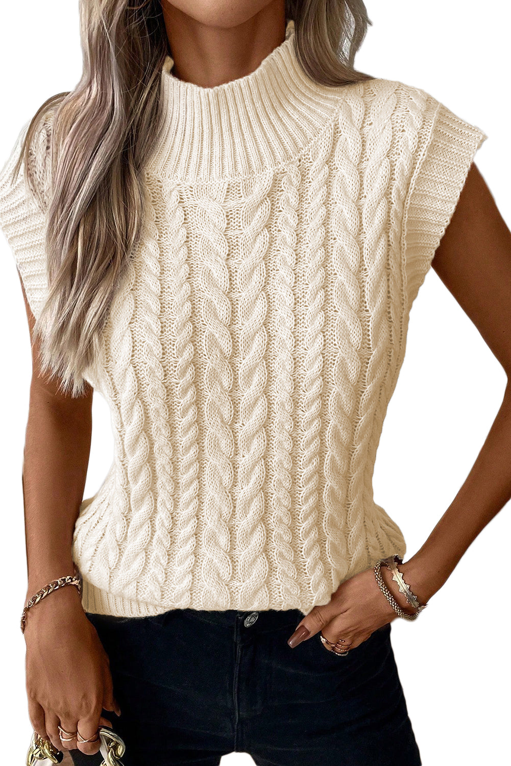 Oatmeal Cable Knit High Neck Sweater Vest - PrizQ