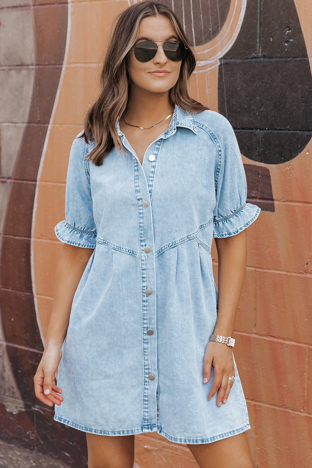 Beau Blue Mineral Wash Ruffled Short Sleeve Buttoned Denim Dress - PrizQ