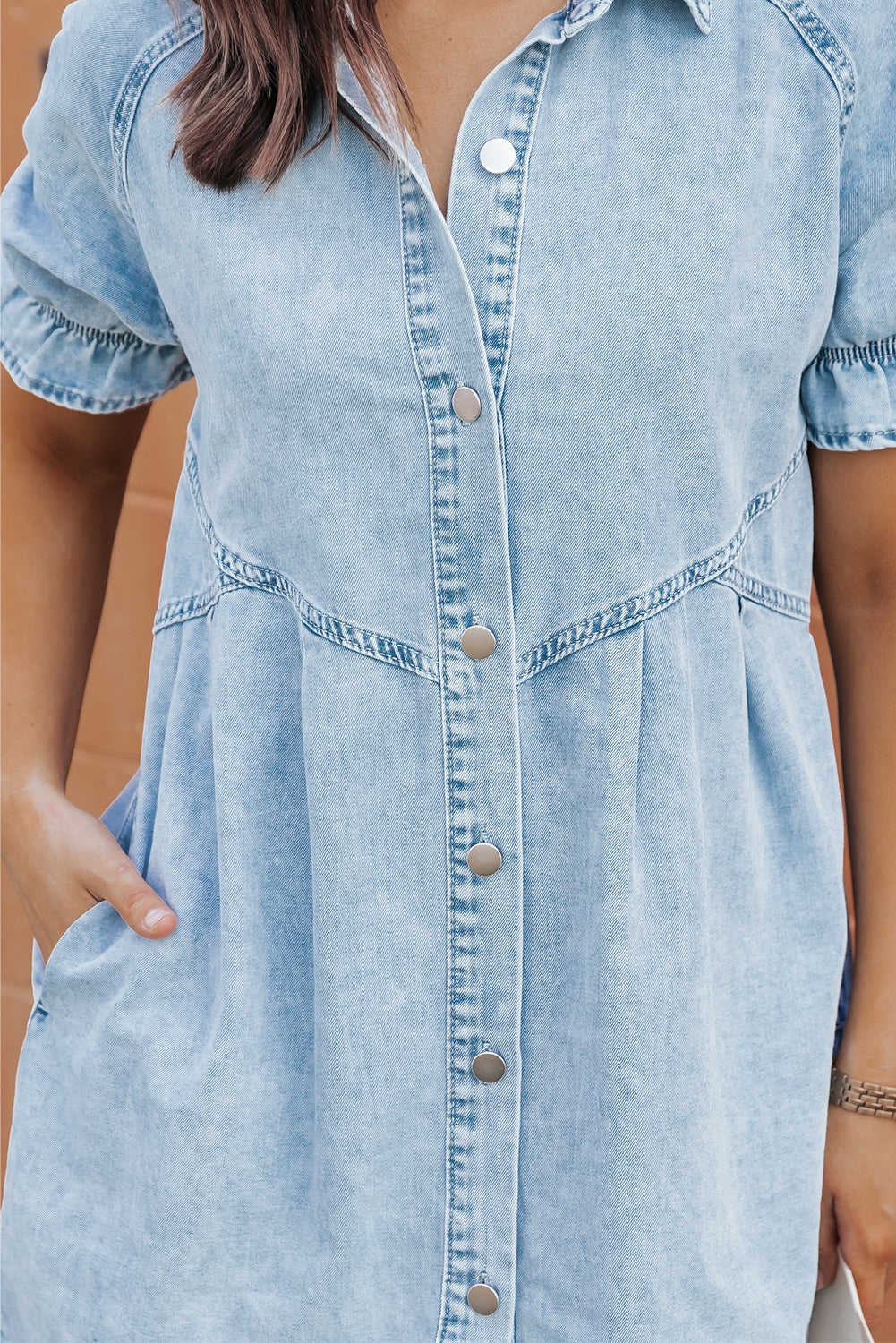 Beau Blue Mineral Wash Ruffled Short Sleeve Buttoned Denim Dress - PrizQ