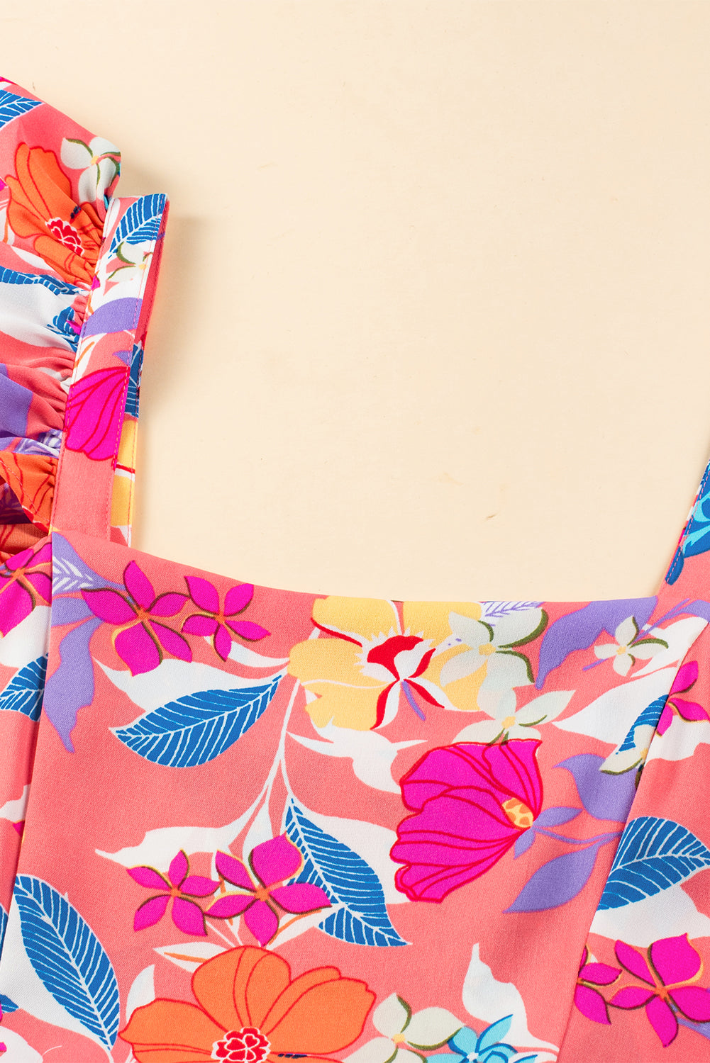Roze mouwloze maxi-jurk met bloemenprint en ruches - PrizQ