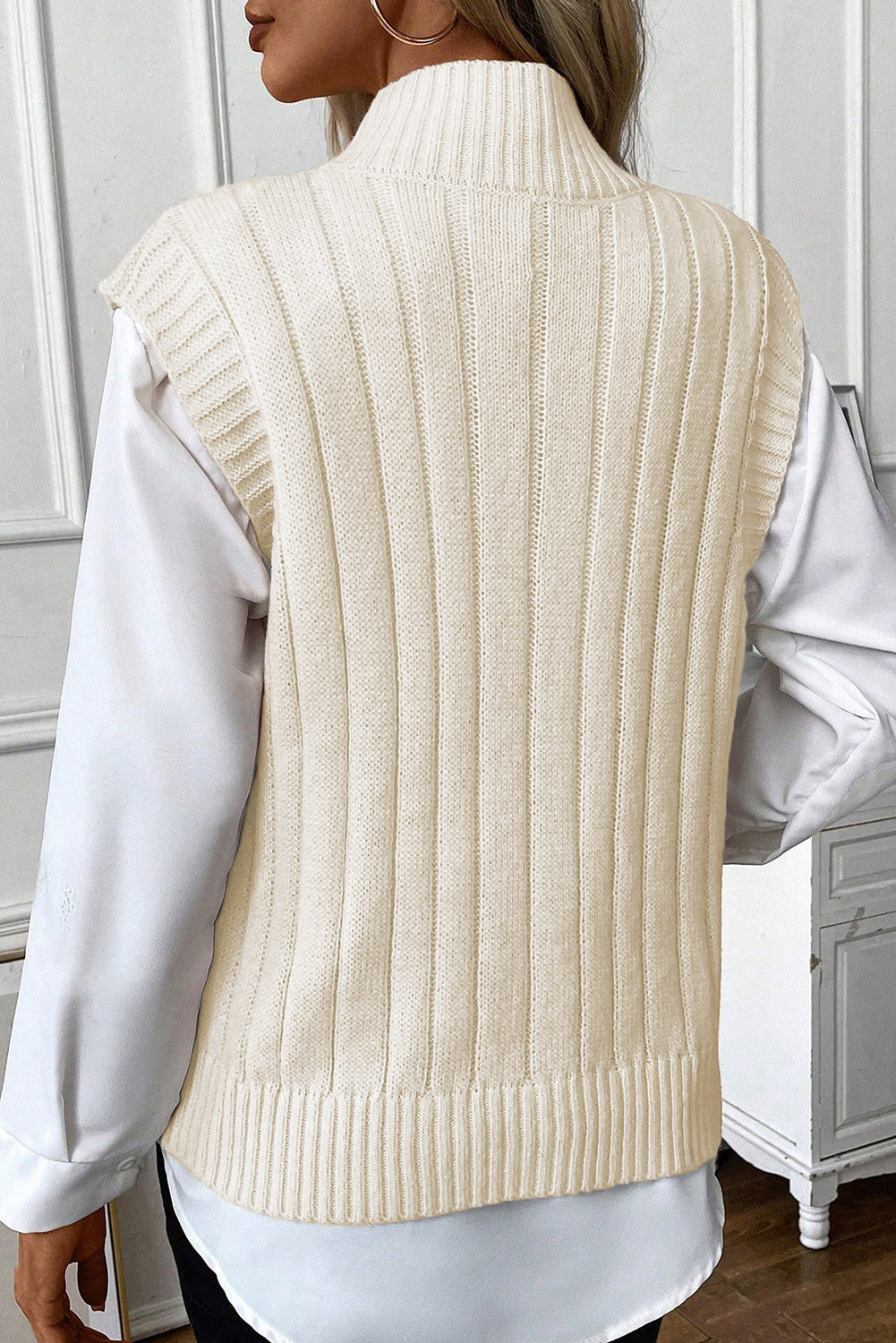 Oatmeal Cable Knit High Neck Sweater Vest - PrizQ