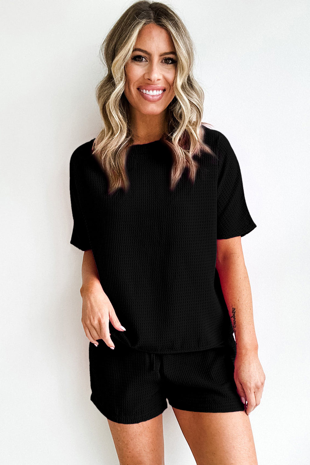 Witte casual textuur T-shirt en shorts set met trekkoord - PrizQ