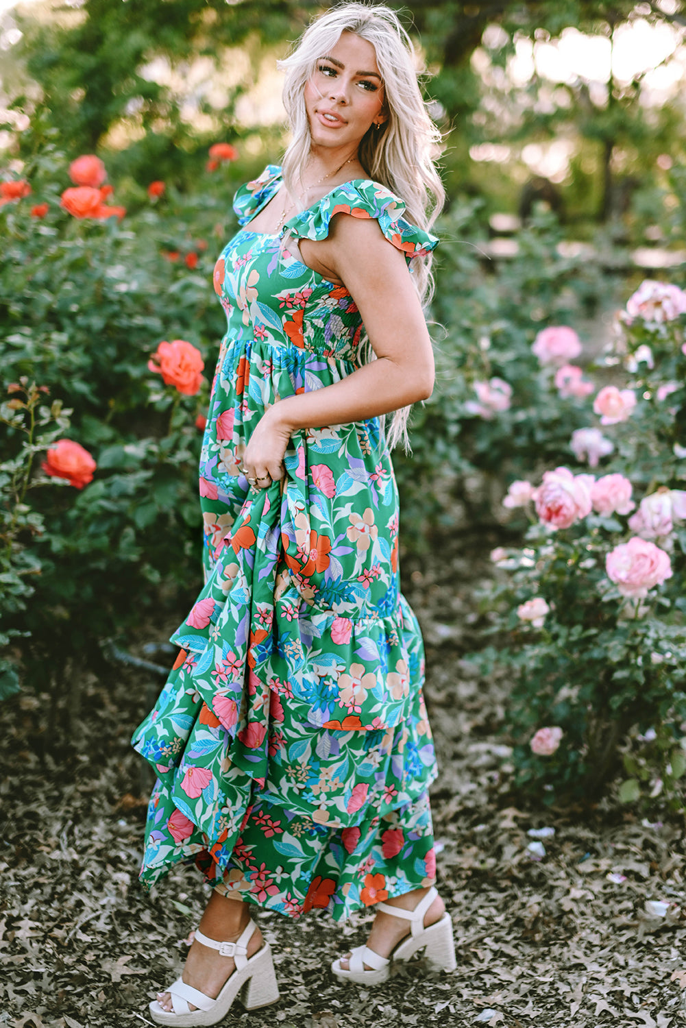 Roze mouwloze maxi-jurk met bloemenprint en ruches - PrizQ