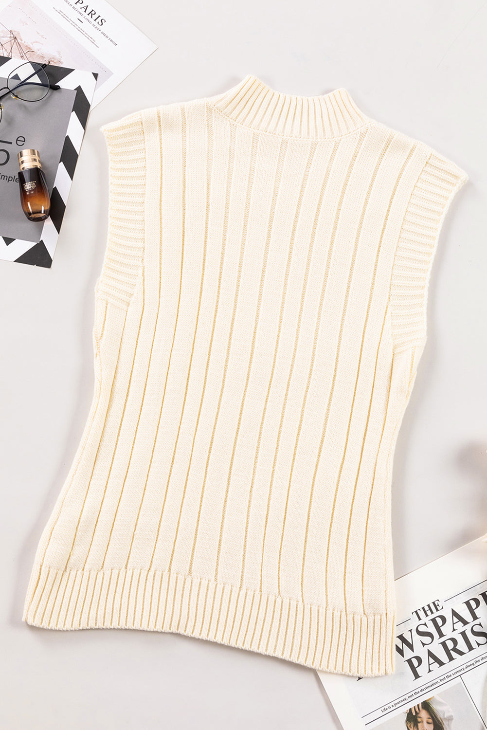 Oatmeal Cable Knit High Neck Sweater Vest - PrizQ