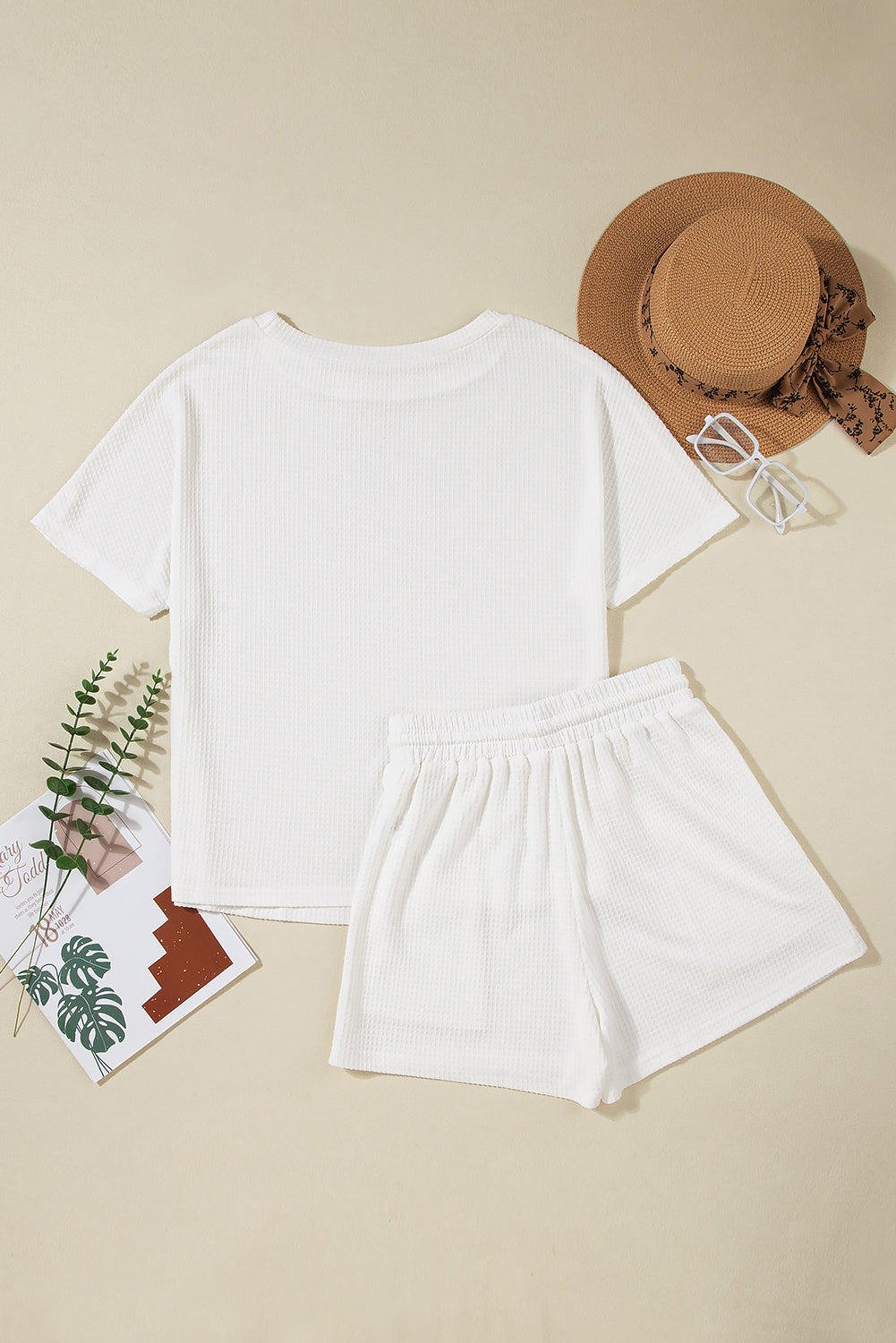 Witte casual textuur T-shirt en shorts set met trekkoord - PrizQ