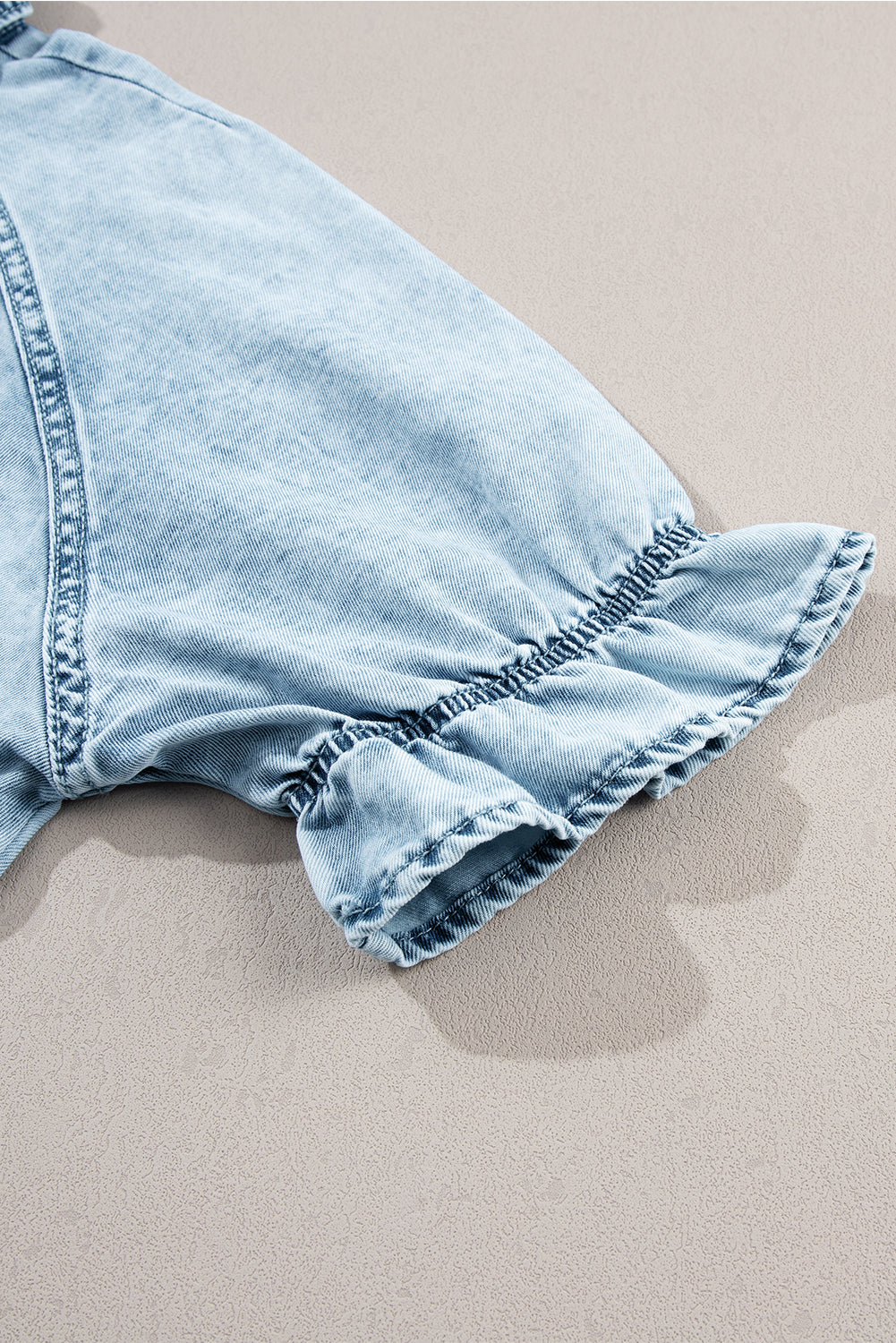 Beau Blue Mineral Wash Ruffled Short Sleeve Buttoned Denim Dress - PrizQ