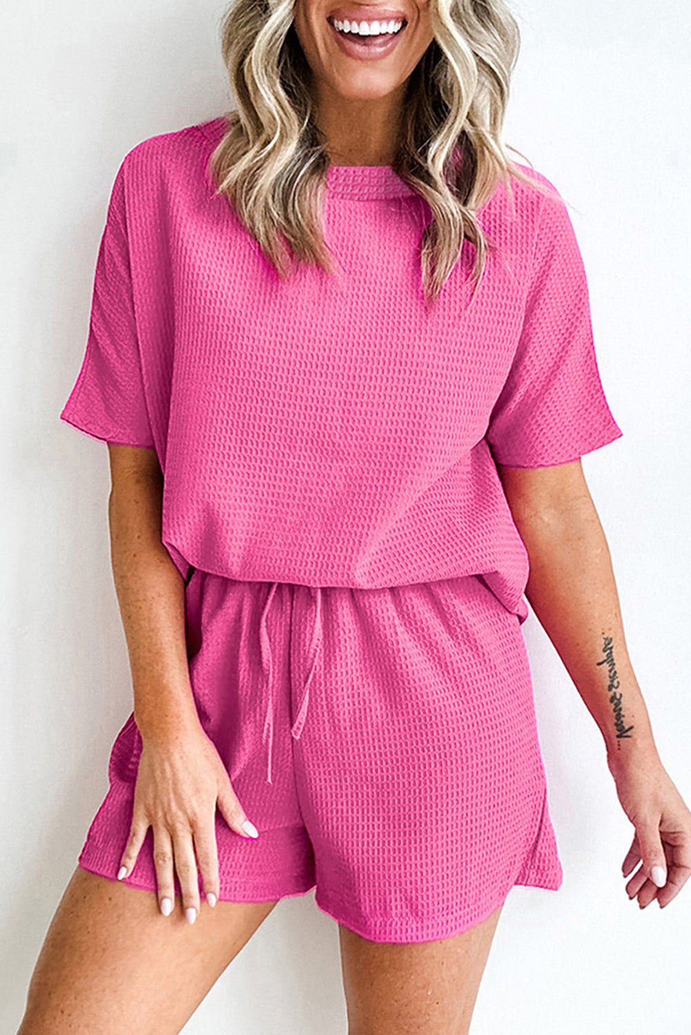 Witte casual textuur T-shirt en shorts set met trekkoord - PrizQ