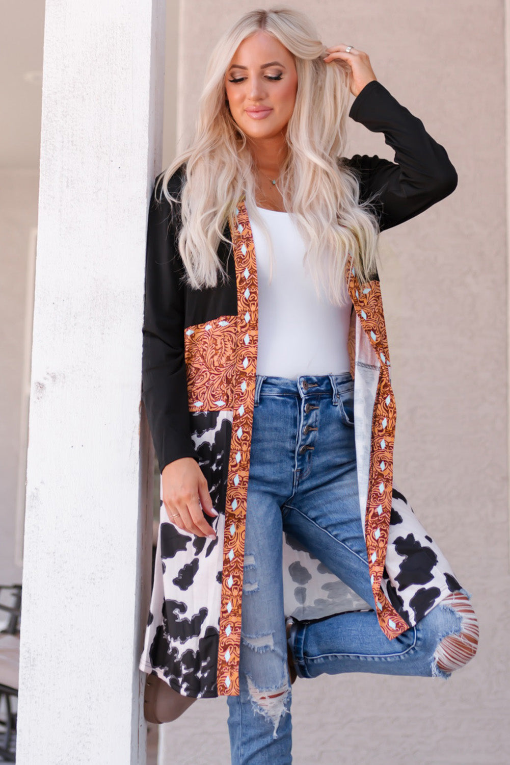 westers koeienprint patchwork vest - PrizQ