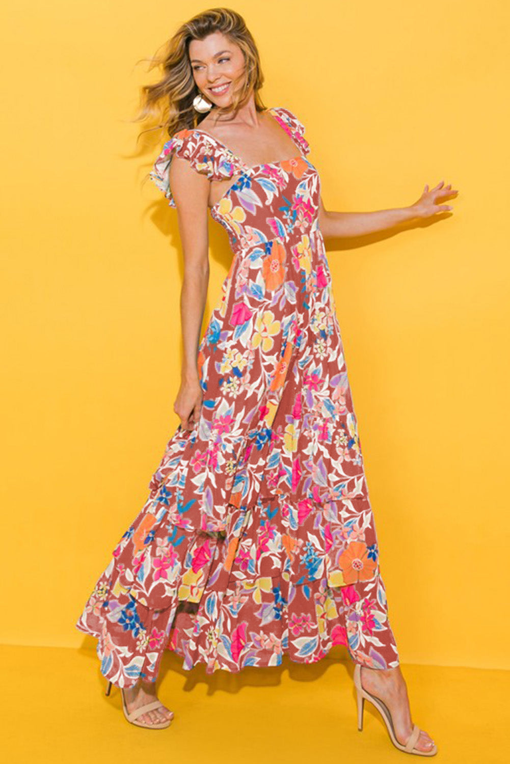 Roze mouwloze maxi-jurk met bloemenprint en ruches - PrizQ