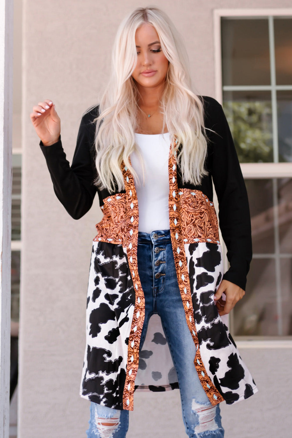 westers koeienprint patchwork vest - PrizQ