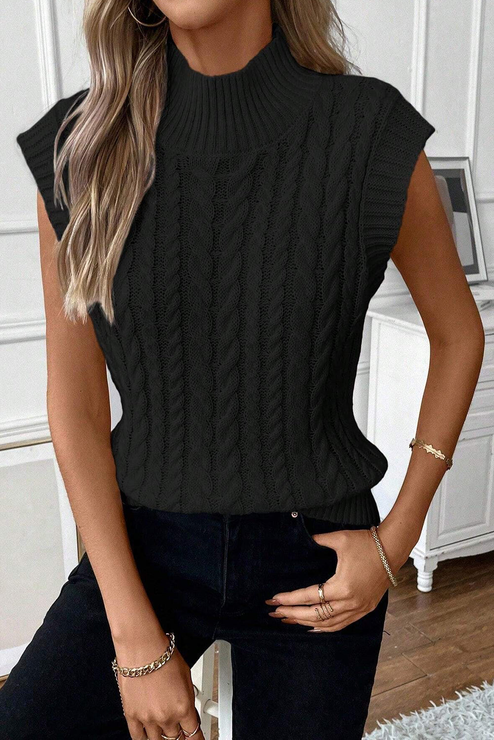 Oatmeal Cable Knit High Neck Sweater Vest - PrizQ