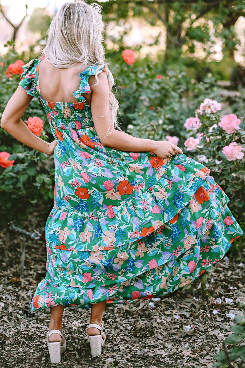 Roze mouwloze maxi-jurk met bloemenprint en ruches - PrizQ