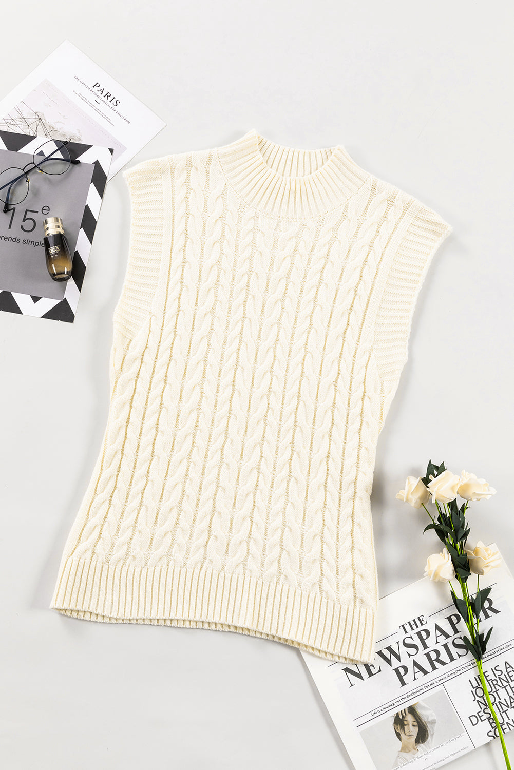 Oatmeal Cable Knit High Neck Sweater Vest - PrizQ