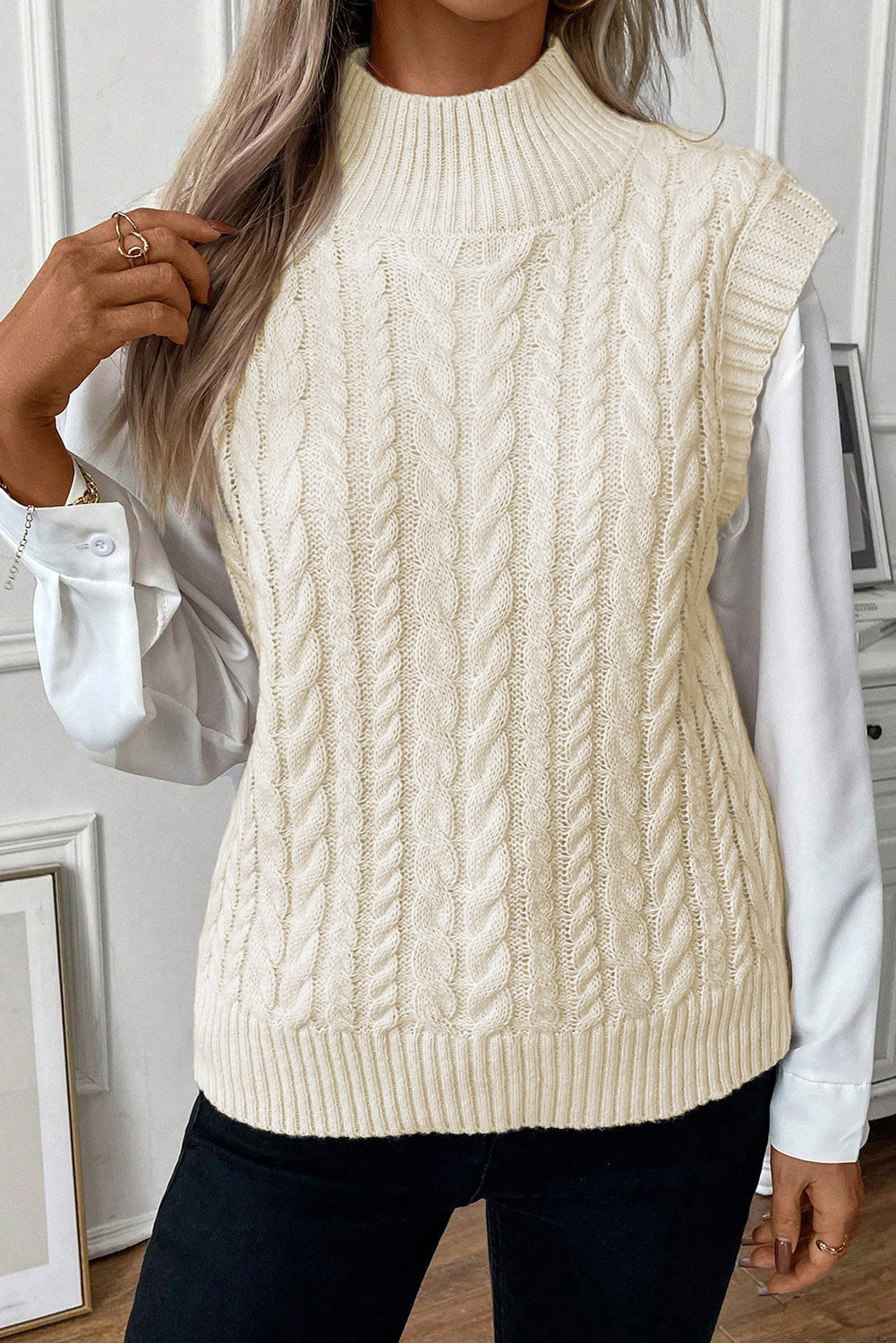 Oatmeal Cable Knit High Neck Sweater Vest - PrizQ