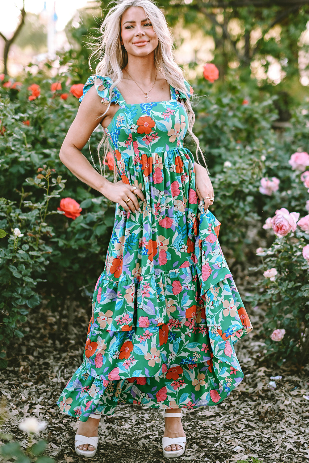 Roze mouwloze maxi-jurk met bloemenprint en ruches - PrizQ