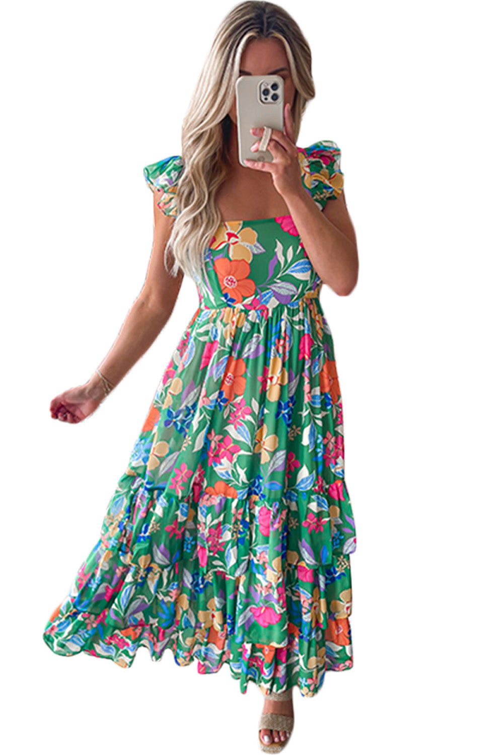 Roze mouwloze maxi-jurk met bloemenprint en ruches - PrizQ