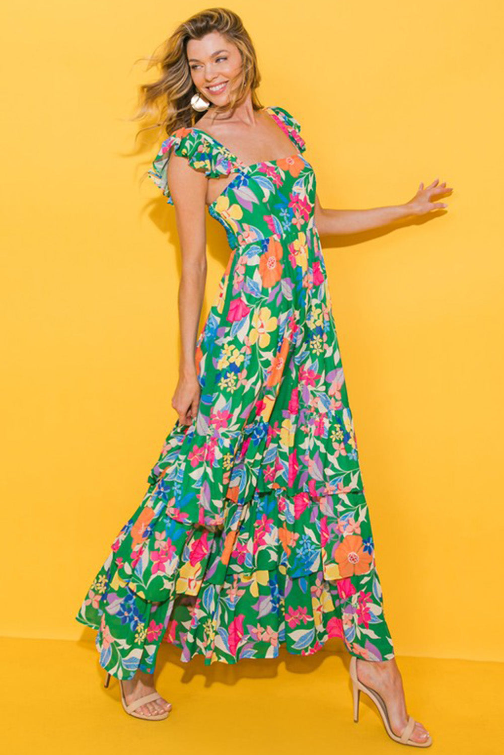 Roze mouwloze maxi-jurk met bloemenprint en ruches - PrizQ