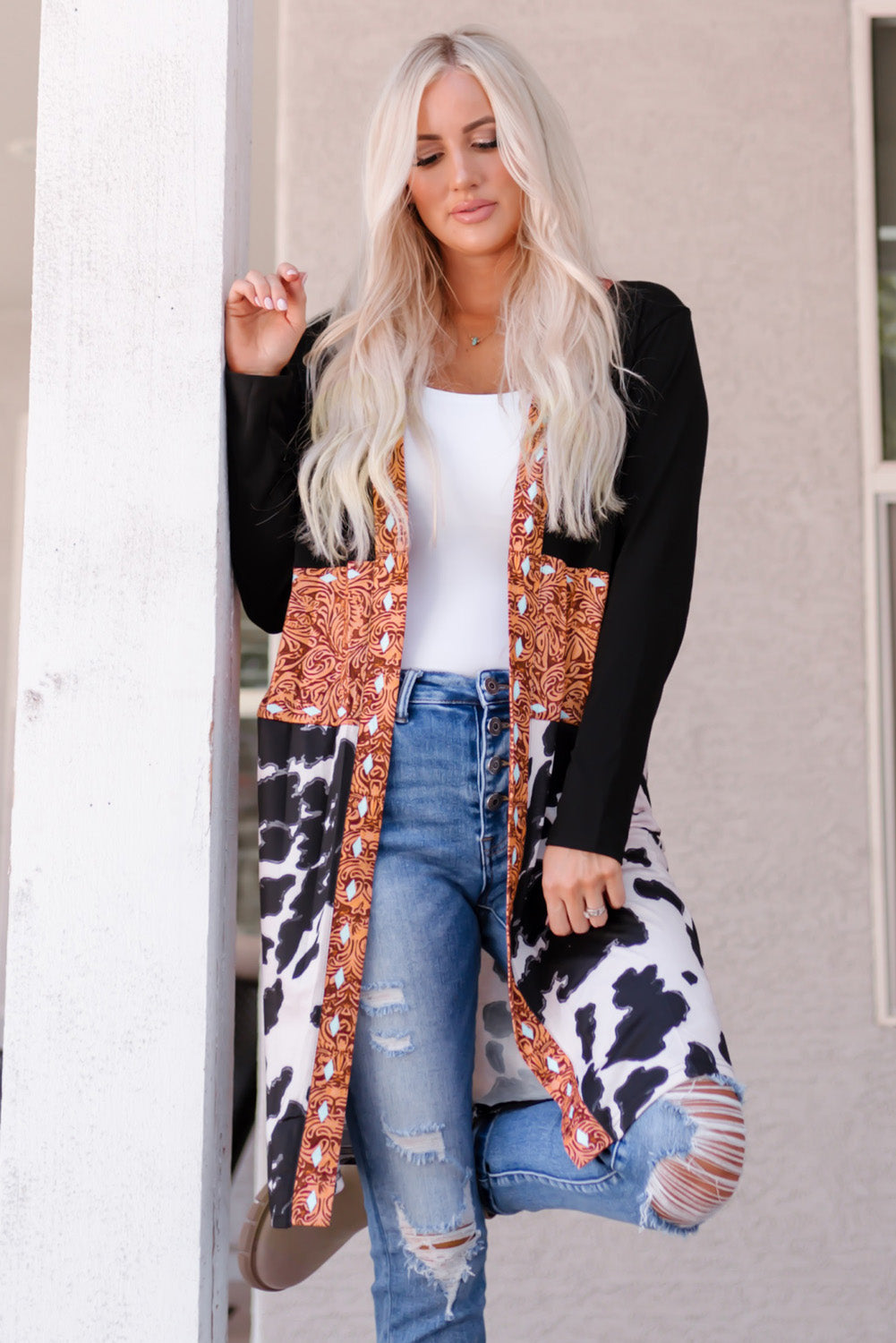 westers koeienprint patchwork vest - PrizQ