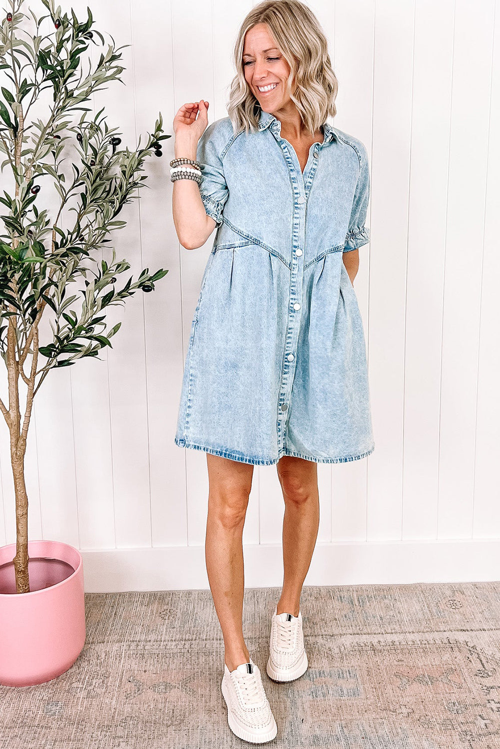 Beau Blue Mineral Wash Ruffled Short Sleeve Buttoned Denim Dress - PrizQ