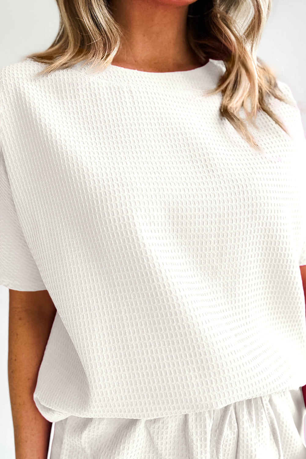 Witte casual textuur T-shirt en shorts set met trekkoord - PrizQ