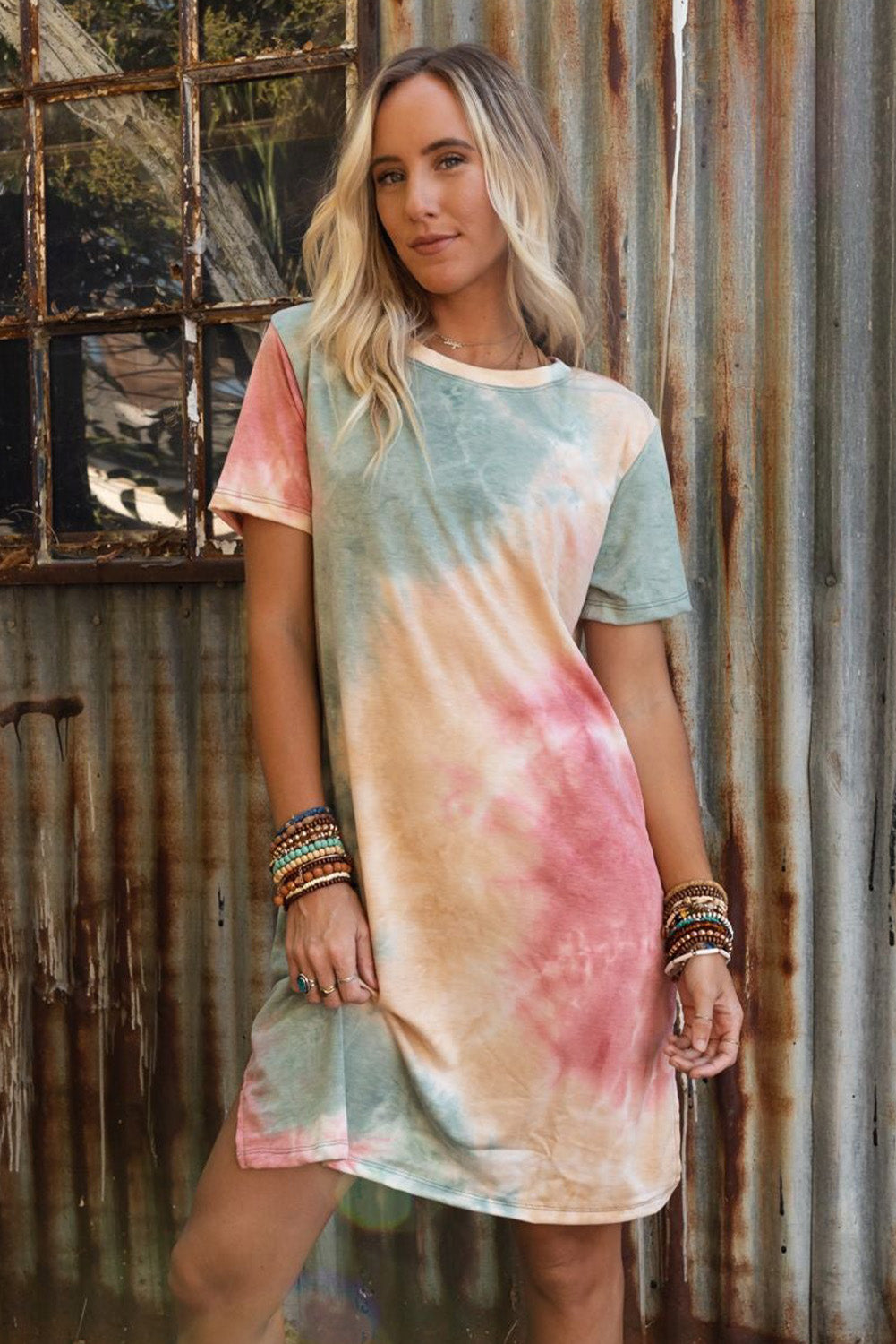 Multicolor Tie Dye Oversized Slit Tee Dress - PrizQ