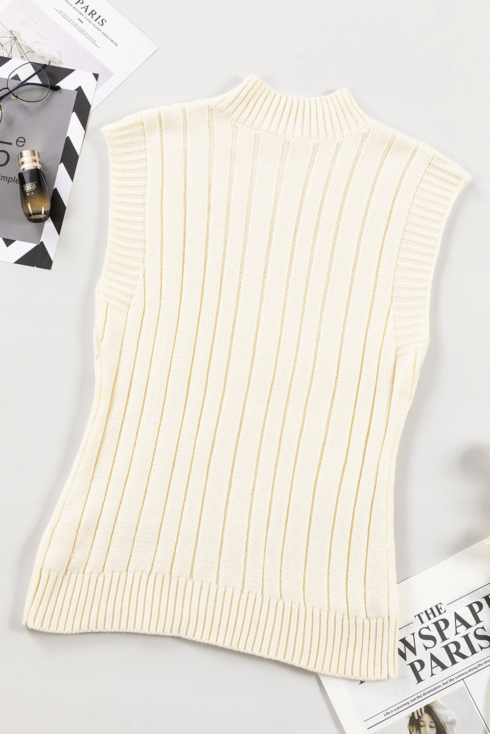 Oatmeal Cable Knit High Neck Sweater Vest - PrizQ