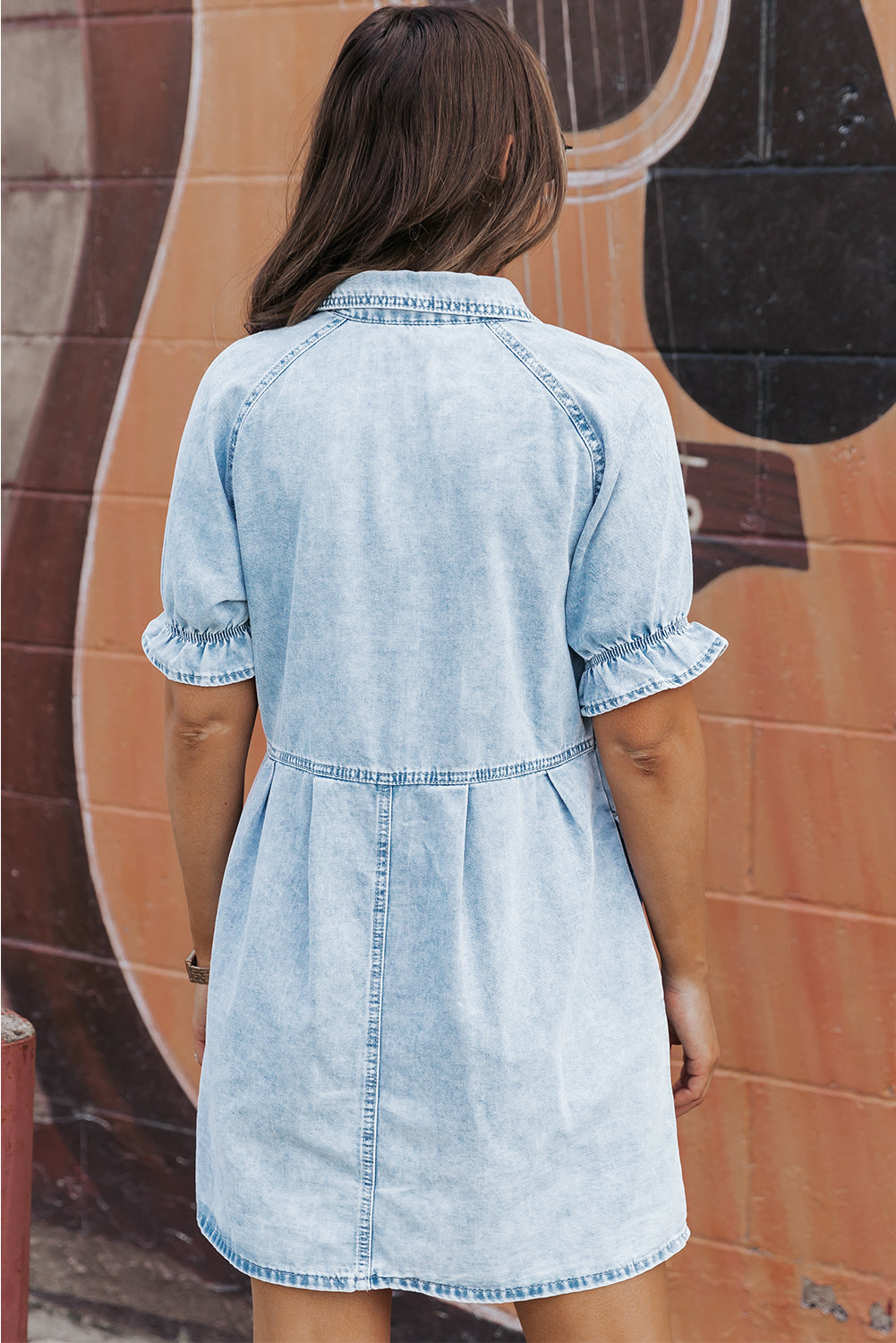 Beau Blue Mineral Wash Ruffled Short Sleeve Buttoned Denim Dress - PrizQ