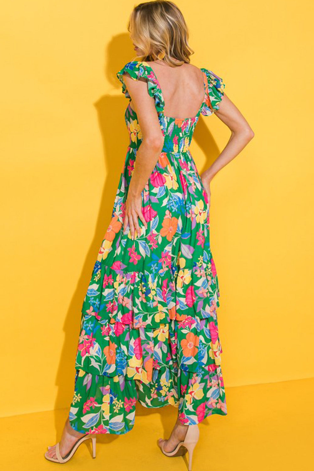 Roze mouwloze maxi-jurk met bloemenprint en ruches - PrizQ
