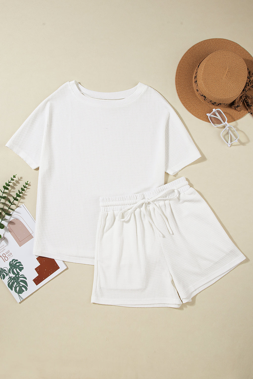 Witte casual textuur T-shirt en shorts set met trekkoord - PrizQ