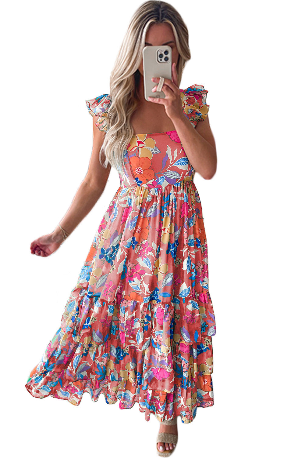 Roze mouwloze maxi-jurk met bloemenprint en ruches - PrizQ