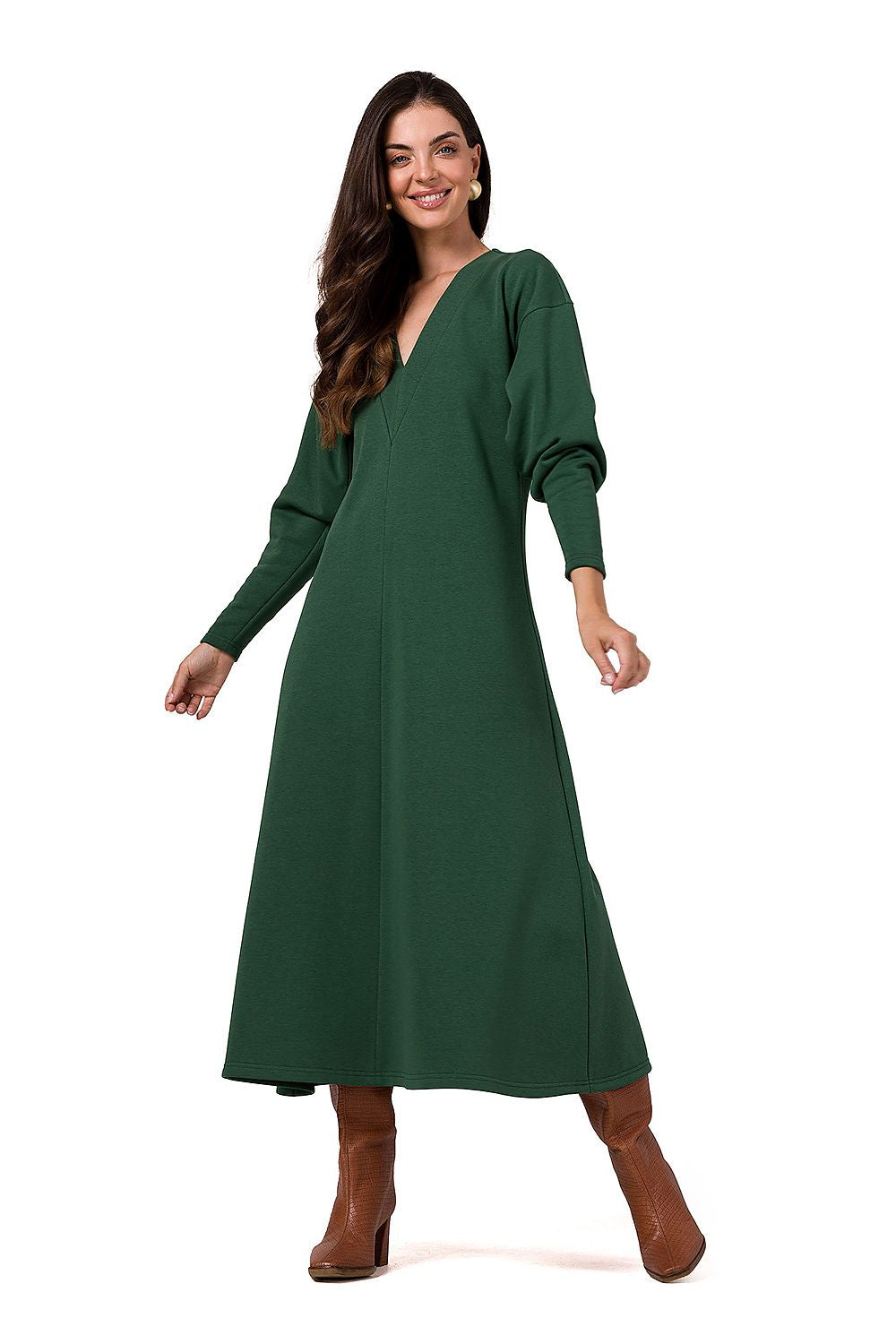 Gebreide maxi-jurk met V-hals en brede plooi – Numoco V-Pleat Cascade Dress