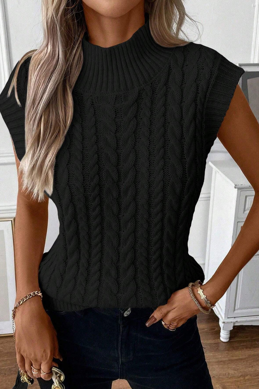 Oatmeal Cable Knit High Neck Sweater Vest - PrizQ
