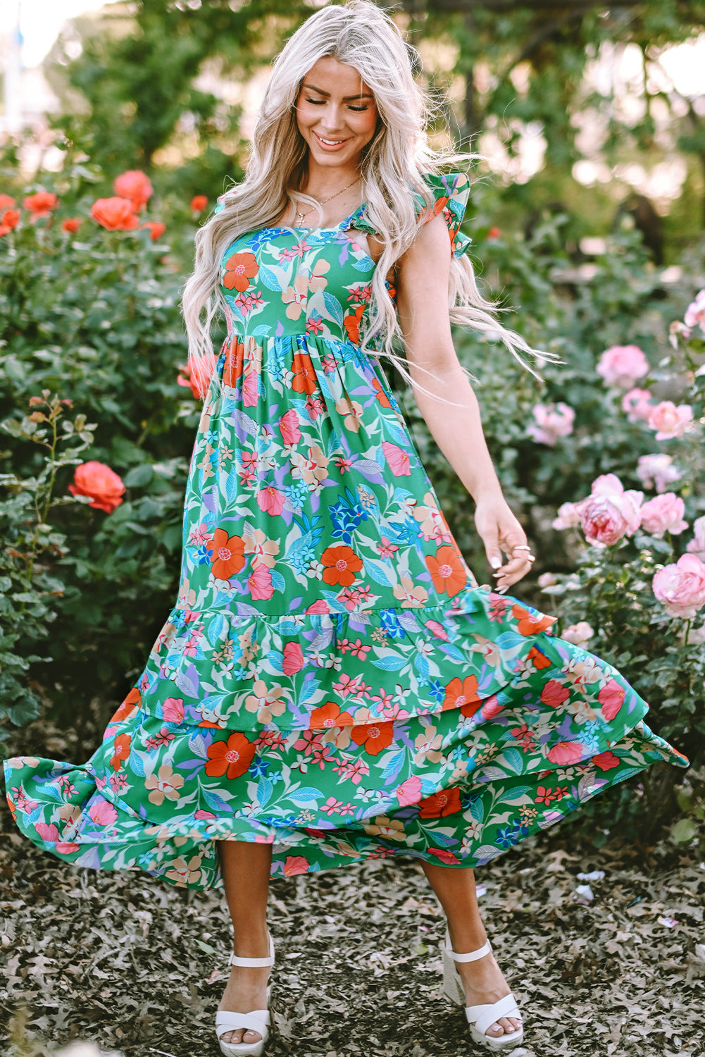 Roze mouwloze maxi-jurk met bloemenprint en ruches - PrizQ