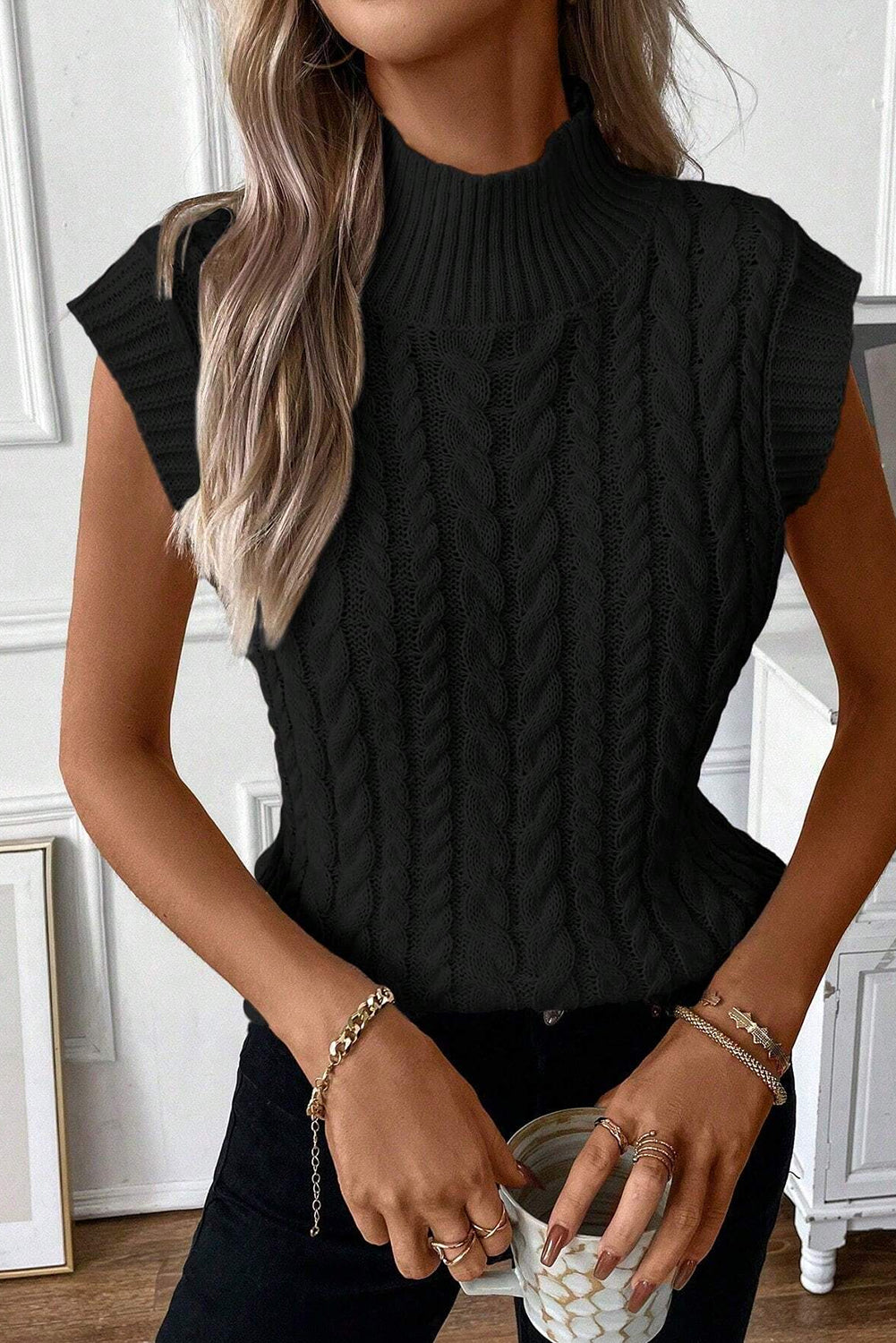 Oatmeal Cable Knit High Neck Sweater Vest - PrizQ